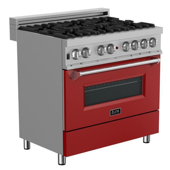 ZLINE Appliance Package - 36" Dual Fuel Range with Red Matte Door and Convertible Vent Range Hood in Satin Stainless Steel, 2KP-RASRMRH36