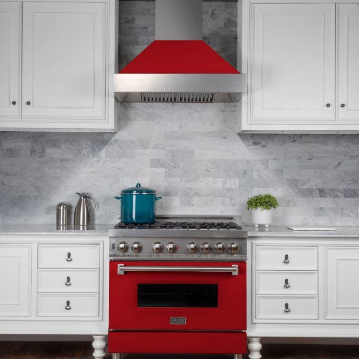 ZLINE Appliance Package - 36" Dual Fuel Range with Red Matte Door and Convertible Vent Range Hood in Satin Stainless Steel, 2KP-RASRMRH36