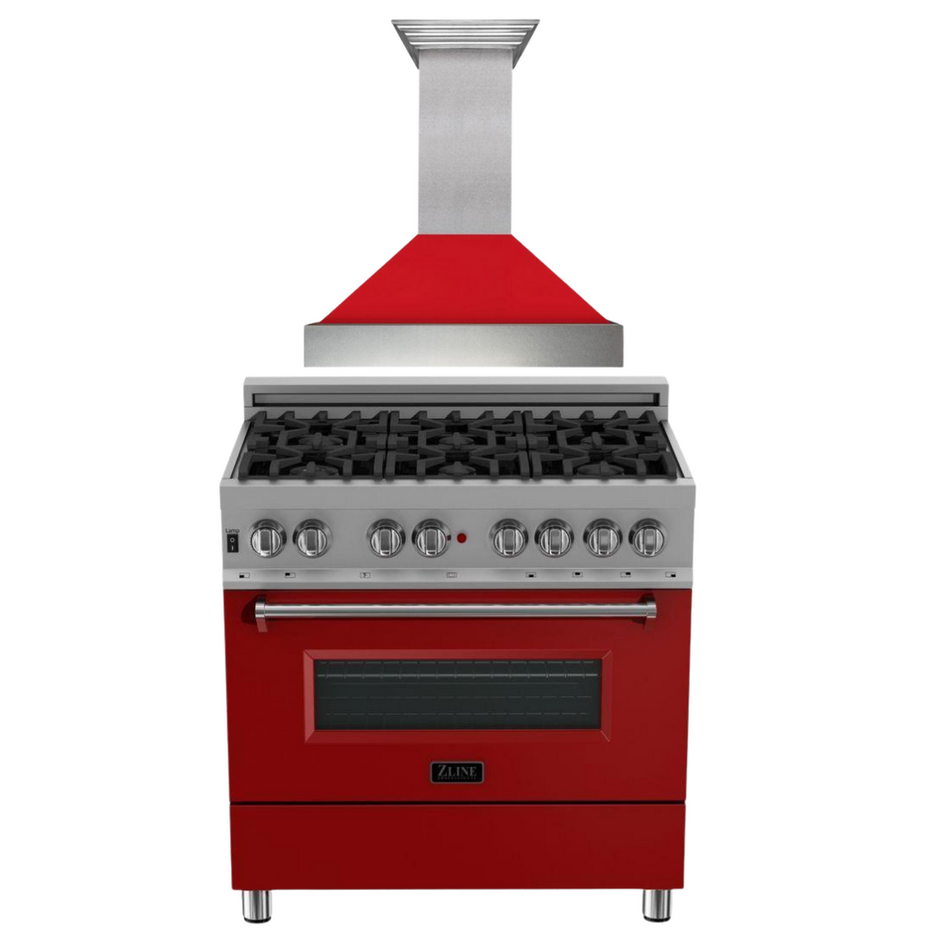 ZLINE Appliance Package - 36" Dual Fuel Range with Red Matte Door and Convertible Vent Range Hood in Satin Stainless Steel, 2KP-RASRMRH36