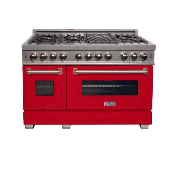 ZLINE Appliance Package - 48" Dual Fuel Range with Red Matte Door and Convertible Vent Range Hood in Satin Stainless Steel, 2KP-RASRMRH48