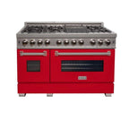 ZLINE Appliance Package - 48" Dual Fuel Range with Red Matte Door and Convertible Vent Range Hood in Satin Stainless Steel, 2KP-RASRMRH48