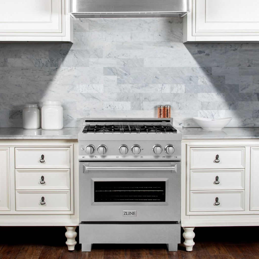 ZLINE 30 in. Dual Fuel Range and Range Hood Satin Stainless Steel Appliance Package, 2KP-RASSNRH30