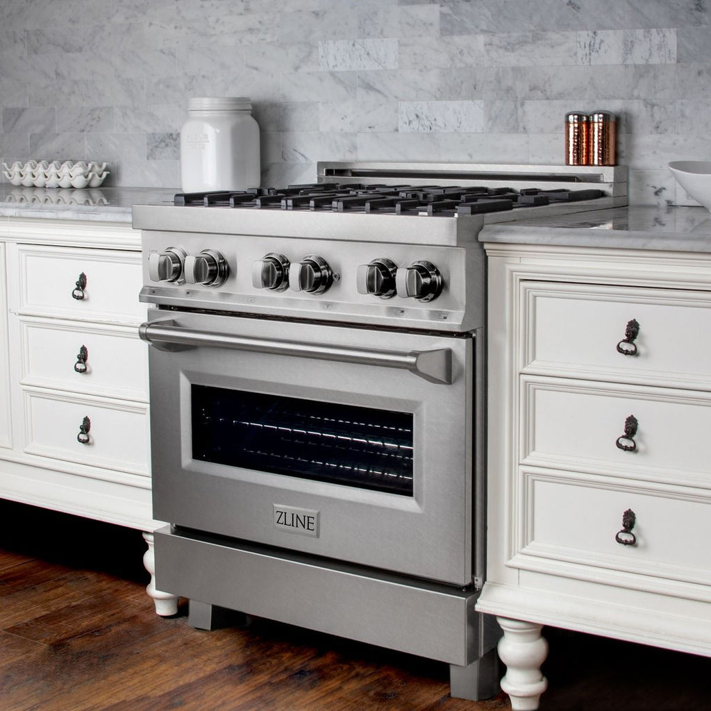 ZLINE 30 in. Dual Fuel Range and Range Hood Satin Stainless Steel Appliance Package, 2KP-RASSNRH30
