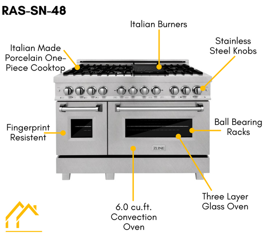 ZLINE Appliance Package - 48" Dual Fuel Range and Convertible Vent Range Hood in Satin Stainless Steel , 2KP-RASSNRH48