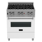 ZLINE Kitchen and Bath 30 in. Dual Fuel Range in Satin Stainless Steel with White Matte Door & 30 in. Range Hood Appliance Package, 2KP-RASWMRH30