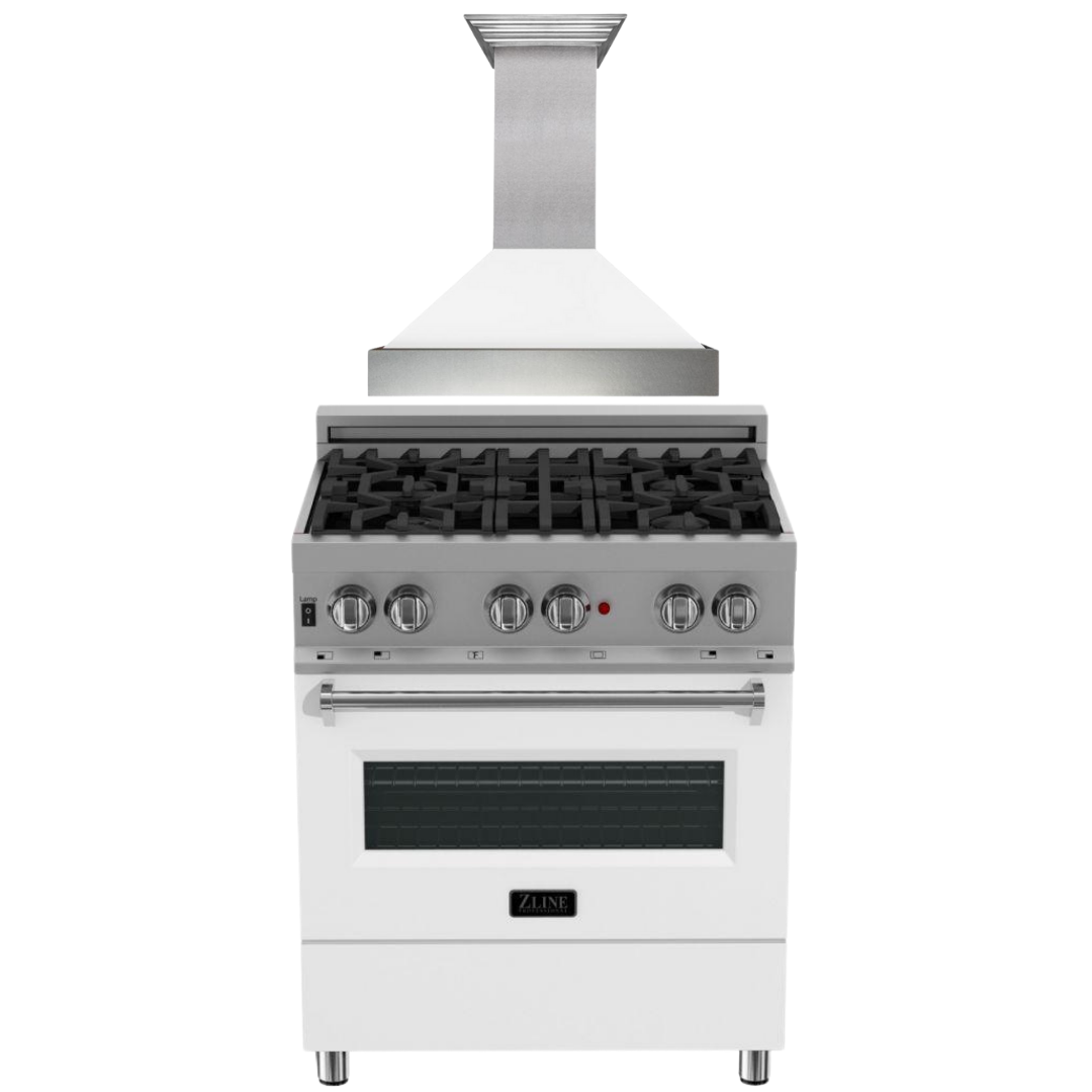 ZLINE Kitchen and Bath 30 in. Dual Fuel Range in Satin Stainless Steel with White Matte Door & 30 in. Range Hood Appliance Package, 2KP-RASWMRH30