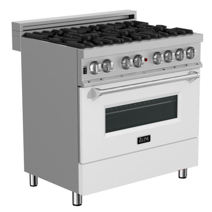 ZLINE 36" Dual Fuel Range in Satin Stainless Steel with White Matte Door & 36" Range Hood Appliance Package, 2KP-RASWMRH36