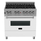 ZLINE 36" Dual Fuel Range in Satin Stainless Steel with White Matte Door & 36" Range Hood Appliance Package, 2KP-RASWMRH36