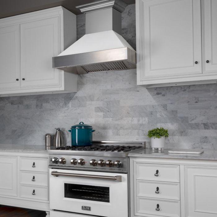 ZLINE 36" Dual Fuel Range in Satin Stainless Steel with White Matte Door & 36" Range Hood Appliance Package, 2KP-RASWMRH36