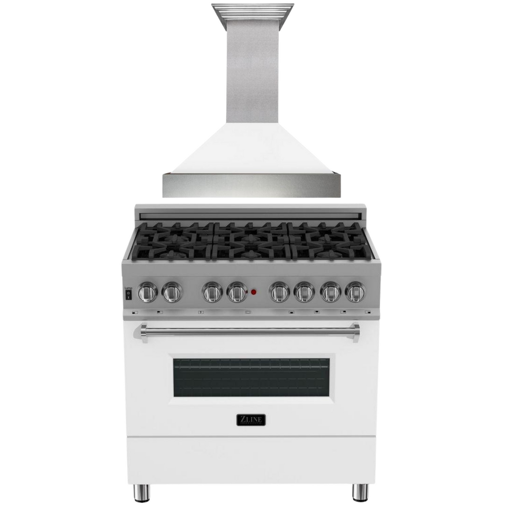 ZLINE 36" Dual Fuel Range in Satin Stainless Steel with White Matte Door & 36" Range Hood Appliance Package, 2KP-RASWMRH36
