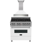 ZLINE 36" Dual Fuel Range in Satin Stainless Steel with White Matte Door & 36" Range Hood Appliance Package, 2KP-RASWMRH36