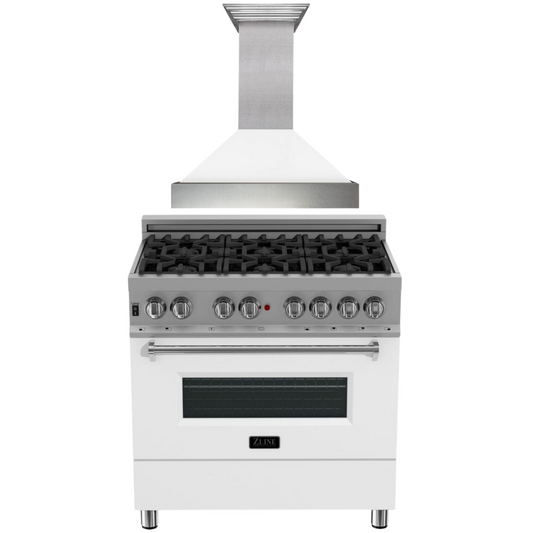 ZLINE 36" Dual Fuel Range in Satin Stainless Steel with White Matte Door & 36" Range Hood Appliance Package, 2KP-RASWMRH36