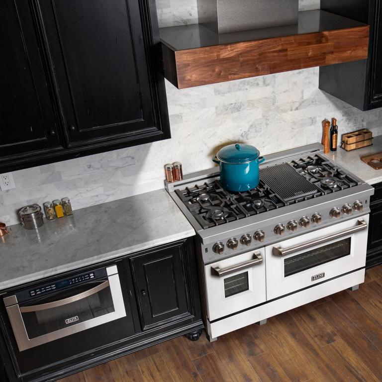ZLINE Appliance Package - 48" Dual Fuel Range with White Matte Door and Convertible Vent Range Hood in Satin Stainless Steel, 2KP-RASWMRH48