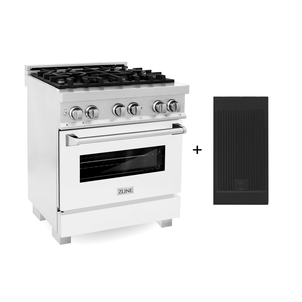 ZLINE 30-in Legacy Dual Fuel Range, 4.0 cu. ft., 4 Burner Gas Cooktop with Griddle and Electric Convection Oven, Satin Stainless Steel with White Matte Door, Model RAS-WM-GR-30