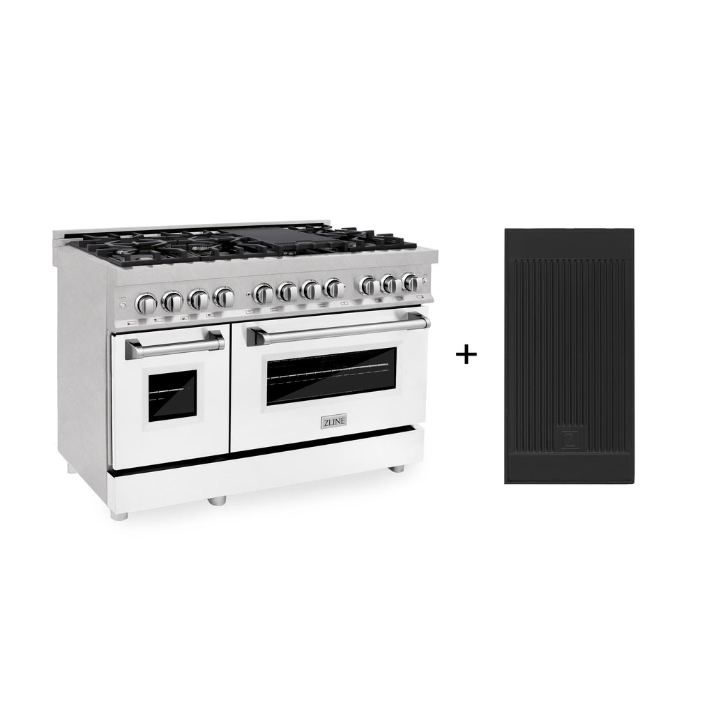 ZLINE 48 in. Legacy Dual Fuel Range, 7 Burner Gas Cooktop with Griddle, Double Electric Convection Ovens, Satin Stainless Steel with White Matte Doors, 6.0 cu. ft. (RAS-WM-GR-48)