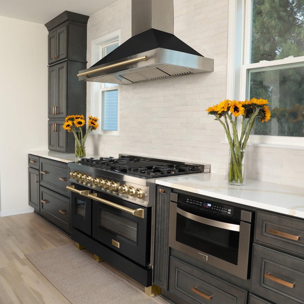 ZLINE Autograph Edition 48 in. Dual Fuel Range 6.0 cu. ft. with Black Matte Door and Champagne Bronze Accents (RAZ-BLM-48-CB)