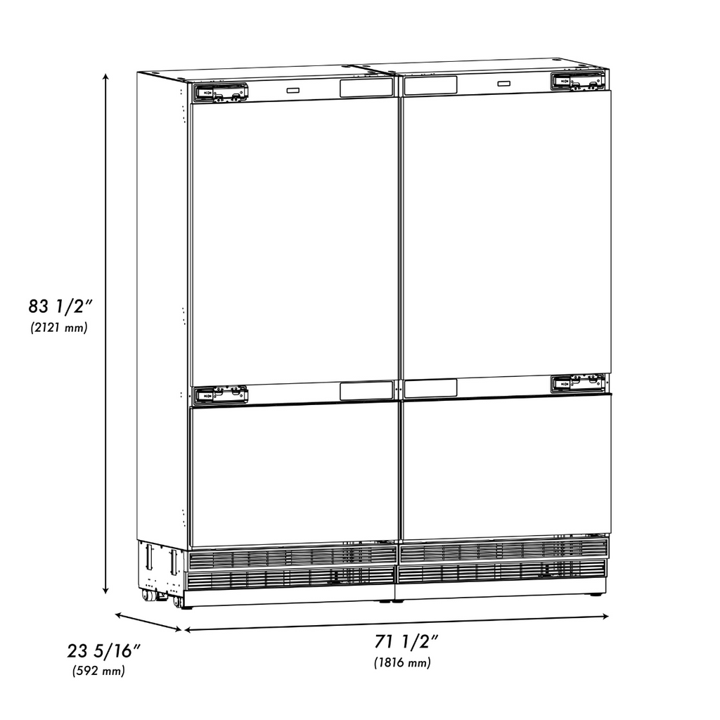 ZLINE 72 in. French Door Built-In Bottom Freezer Refrigerator Panel Ready 39.6 cu. ft. with Water Dispensers & Ice Makers (RBIT-72)