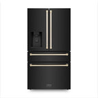ZLINE Autograph Package - 36" Gas Range, Range Hood, Refrigerator with Water and Ice Dispenser, and Dishwasher in Black Stainless with Gold Accents