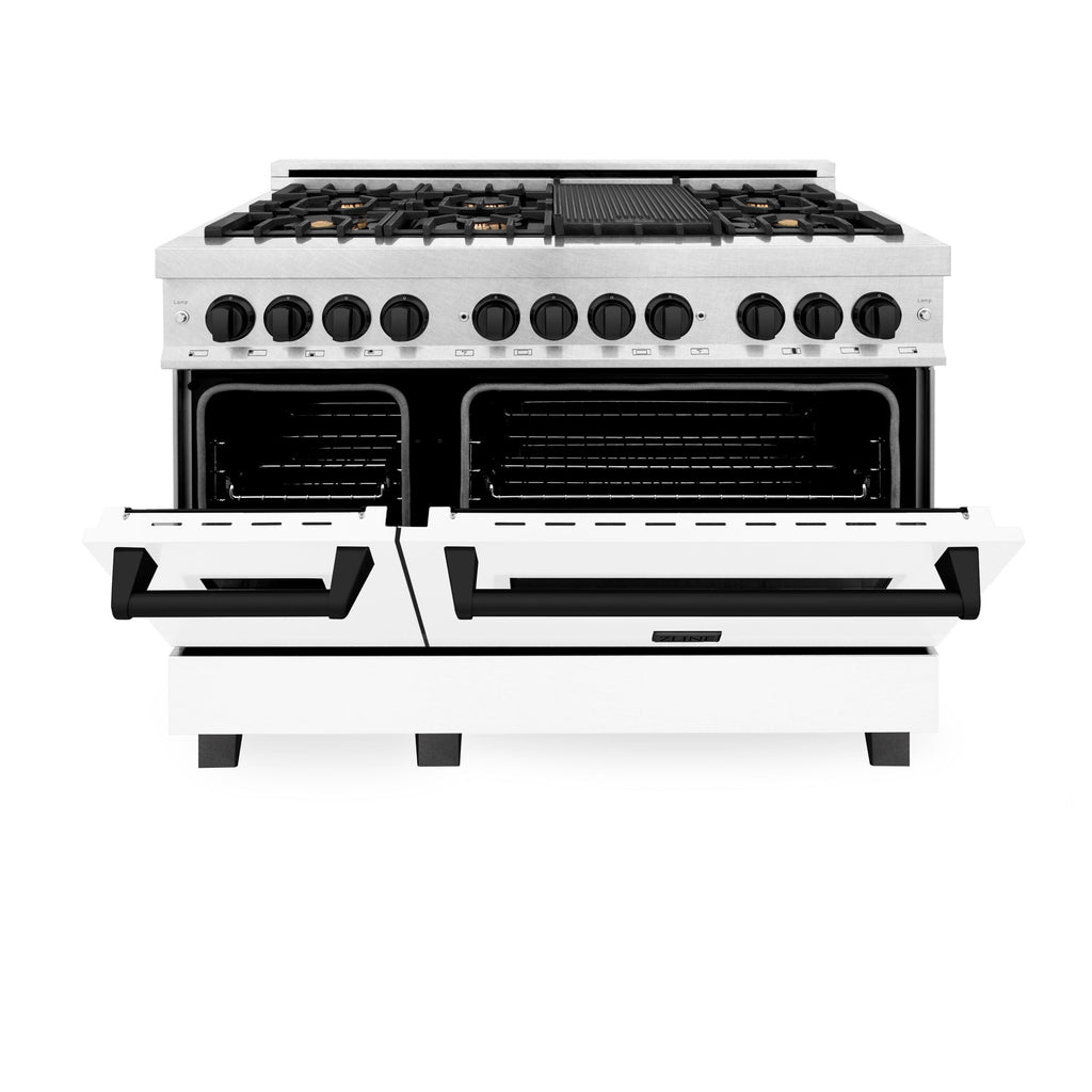 ZLINE Autograph 48 in. 6.0 cu. ft. Legacy Dual Fuel Range with 7 Gas Burners and Double Electric Ovens in Satin Stainless Steel with White Matte Doors and Matte Black Accents (RASZ-WM-48-MB)