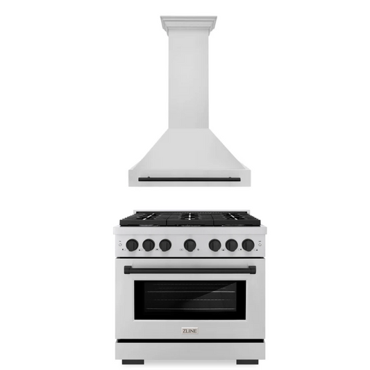 ZLINE Autograph Package - 36 In. Gas Range and Range Hood in Stainless Steel with Matte Black Accents, 2AKP-RGRH36-MB