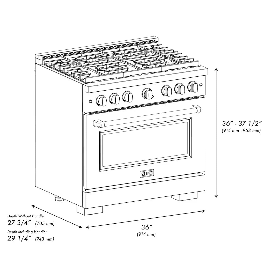 ZLINE 36 in. 5.2 cu. ft. Paramount Gas Range with 6 Burner Gas Cooktop and Convection Gas Oven in Satin Stainless Steel (SGRS-36)
