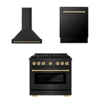 ZLINE Autograph Package - 36 In. Gas Range, Range Hood, Dishwasher in Black Stainless Steel with Champagne Bronze Accents, 3AKP-RGBRHDWV36-CB