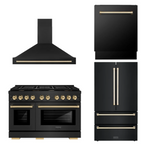 ZLINE Autograph Package - 48 In. Gas Range, Range Hood, Refrigerator, and Dishwasher in Black Stainless Steel with Gold Accents, 4AKPR-RGBRHDWV48-G