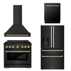 ZLINE Autograph Package - 36" Gas Range, Range Hood, Refrigerator with Water and Ice Dispenser, and Dishwasher in Black Stainless with Gold Accents