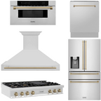 ZLINE Autograph Bronze Package - 48" Rangetop, 48" Range Hood, Dishwasher, Refrigerator with External Water and Ice Dispenser, Microwave Drawer