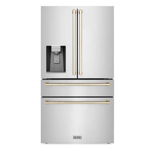 ZLINE 36 Inch French Door Refrigerator Fingerprint Resistant Stainless Steel Water & Ice Dispenser Gold Accents (RFMZ-W-36-G)