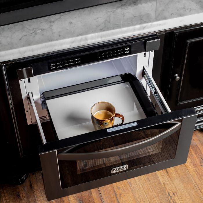 ZLINE Appliance Package - 48" Gas Range, Range Hood, 36" Refrigerator with Ice Maker, 24" Microwave Drawer and Dishwasher in Black Stainless Steel