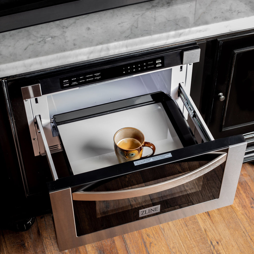 ZLINE Appliance Package - 48" Dual Fuel Range, Range Hood, Refrigerator with Water and Ice Dispenser, Microwave Drawer, Dishwasher and Beverage Fridge