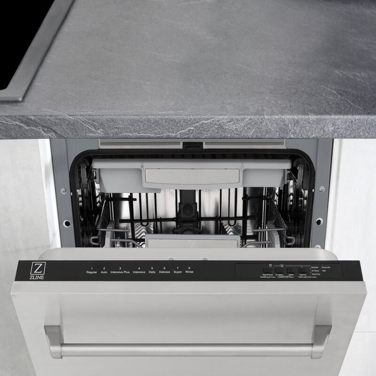ZLINE Appliance Package - 30" Gas Range, Range Hood, 36" Refrigerator with Water/Ice Dispenser, 24" Microwave Drawer and Dishwasher in Stainless Steel