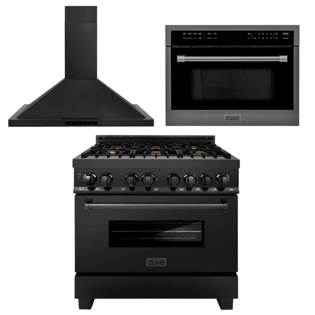 ZLINE Appliance Package - 36 In. Dual Fuel Range with Brass Burners, Range Hood, Microwave Oven in Black Stainless Steel, 3KP-RABRHMWO-36