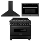 ZLINE Appliance Package - 36 In. Dual Fuel Range with Brass Burners, Range Hood, Microwave Oven in Black Stainless Steel, 3KP-RABRHMWO-36