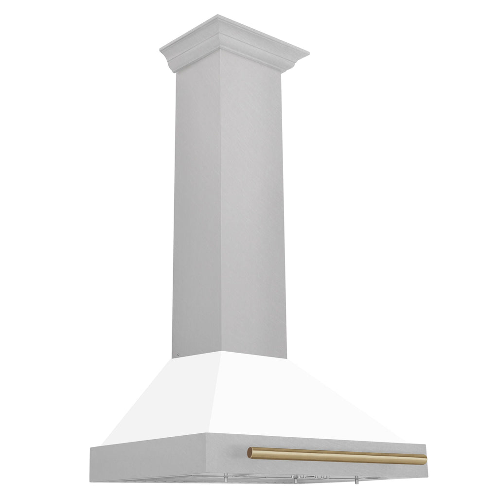 ZLINE 30 Inch Wall Mount Range Hood Satin Stainless Steel Convertible White Matte Shell Champagne Bronze Handle (KB4SNZ-WM30-CB)