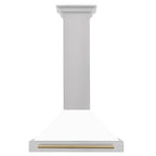 ZLINE 30 Inch Wall Mount Range Hood Satin Stainless Steel Convertible White Matte Shell Champagne Bronze Handle (KB4SNZ-WM30-CB)