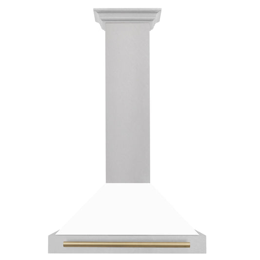 ZLINE 30 Inch Wall Mount Range Hood Satin Stainless Steel Convertible White Matte Shell Champagne Bronze Handle (KB4SNZ-WM30-CB)