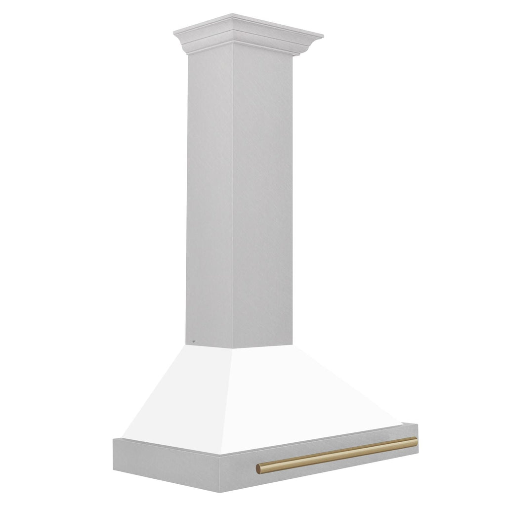 ZLINE 30 Inch Wall Mount Range Hood Satin Stainless Steel Convertible White Matte Shell Champagne Bronze Handle (KB4SNZ-WM30-CB)