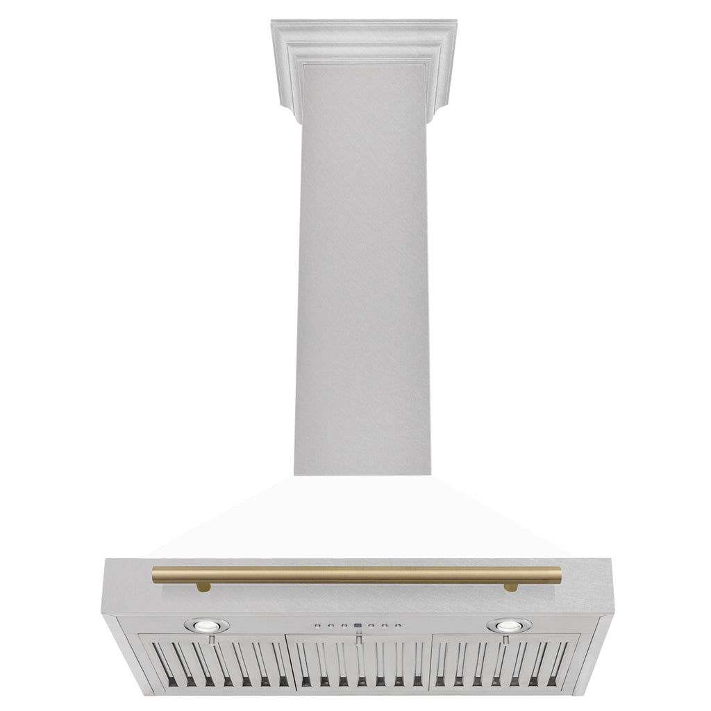 ZLINE 30 Inch Wall Mount Range Hood Satin Stainless Steel Convertible White Matte Shell Champagne Bronze Handle (KB4SNZ-WM30-CB)