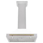 ZLINE 30 Inch Wall Mount Range Hood Satin Stainless Steel Convertible White Matte Shell Champagne Bronze Handle (KB4SNZ-WM30-CB)