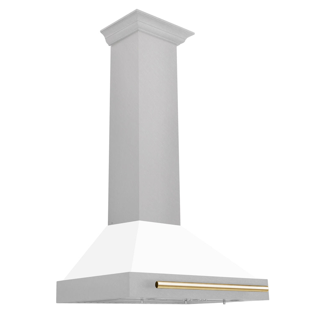 ZLINE 30 in. Wall Mount Range Hood Convertible Satin Stainless Steel White Matte Shell Polished Gold Handle (KB4SNZ-WM30-G)