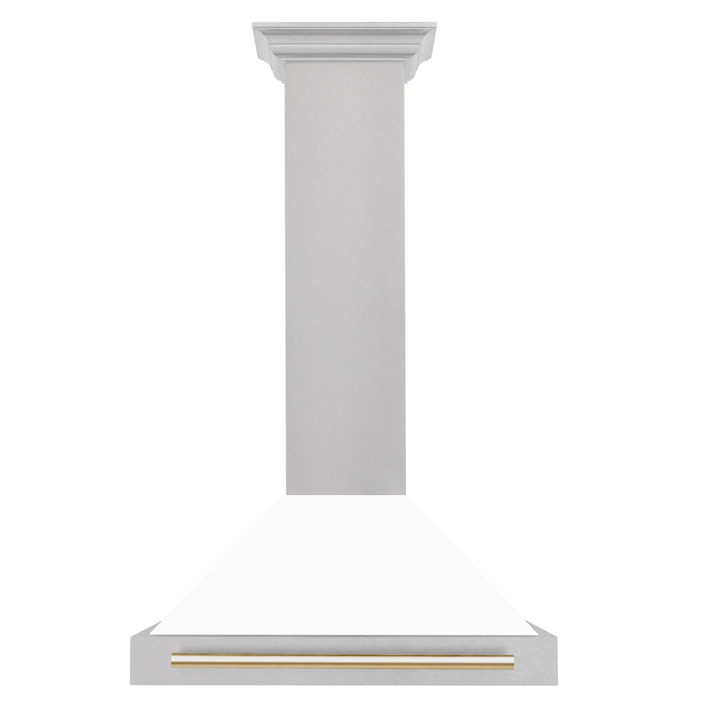 ZLINE 30 in. Wall Mount Range Hood Convertible Satin Stainless Steel White Matte Shell Polished Gold Handle (KB4SNZ-WM30-G)