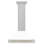 ZLINE 30 in. Wall Mount Range Hood Convertible Satin Stainless Steel White Matte Shell Polished Gold Handle (KB4SNZ-WM30-G)