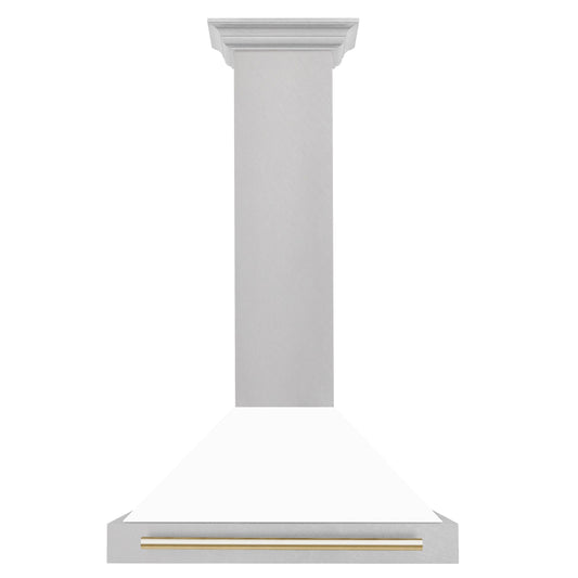 ZLINE 30 in. Wall Mount Range Hood Convertible Satin Stainless Steel White Matte Shell Polished Gold Handle (KB4SNZ-WM30-G)