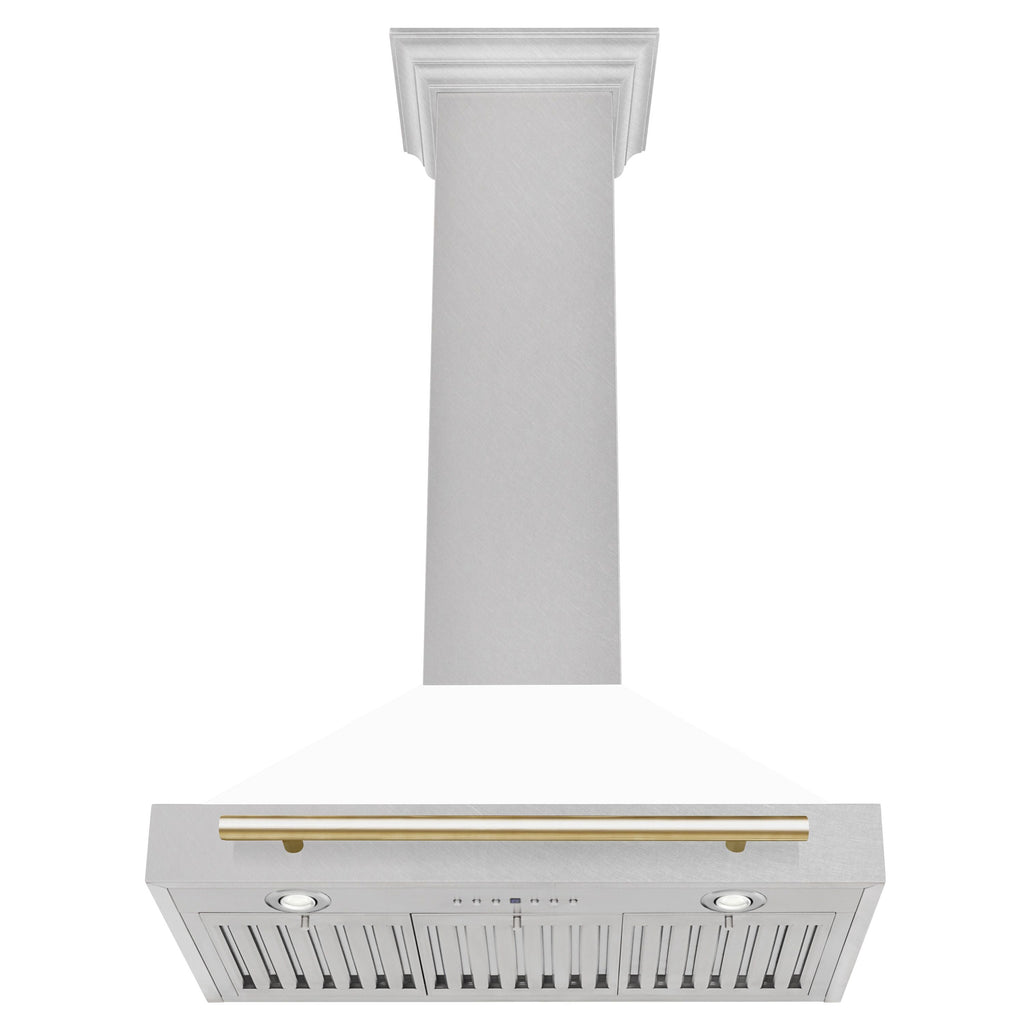 ZLINE 30 in. Wall Mount Range Hood Convertible Satin Stainless Steel White Matte Shell Polished Gold Handle (KB4SNZ-WM30-G)
