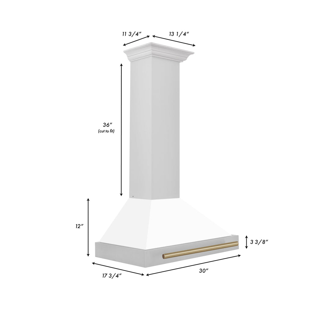 ZLINE 30-Inch Wall Mount Range Hood Stainless Steel White Matte Shell Champagne Bronze Accents 400 CFM (KB4STZ-WM30-CB)