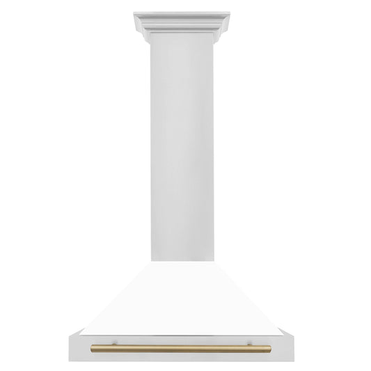 ZLINE 30-Inch Wall Mount Range Hood Stainless Steel White Matte Shell Champagne Bronze Accents 400 CFM (KB4STZ-WM30-CB)