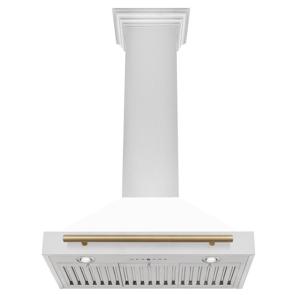 ZLINE 30-Inch Wall Mount Range Hood Stainless Steel White Matte Shell Champagne Bronze Accents 400 CFM (KB4STZ-WM30-CB)