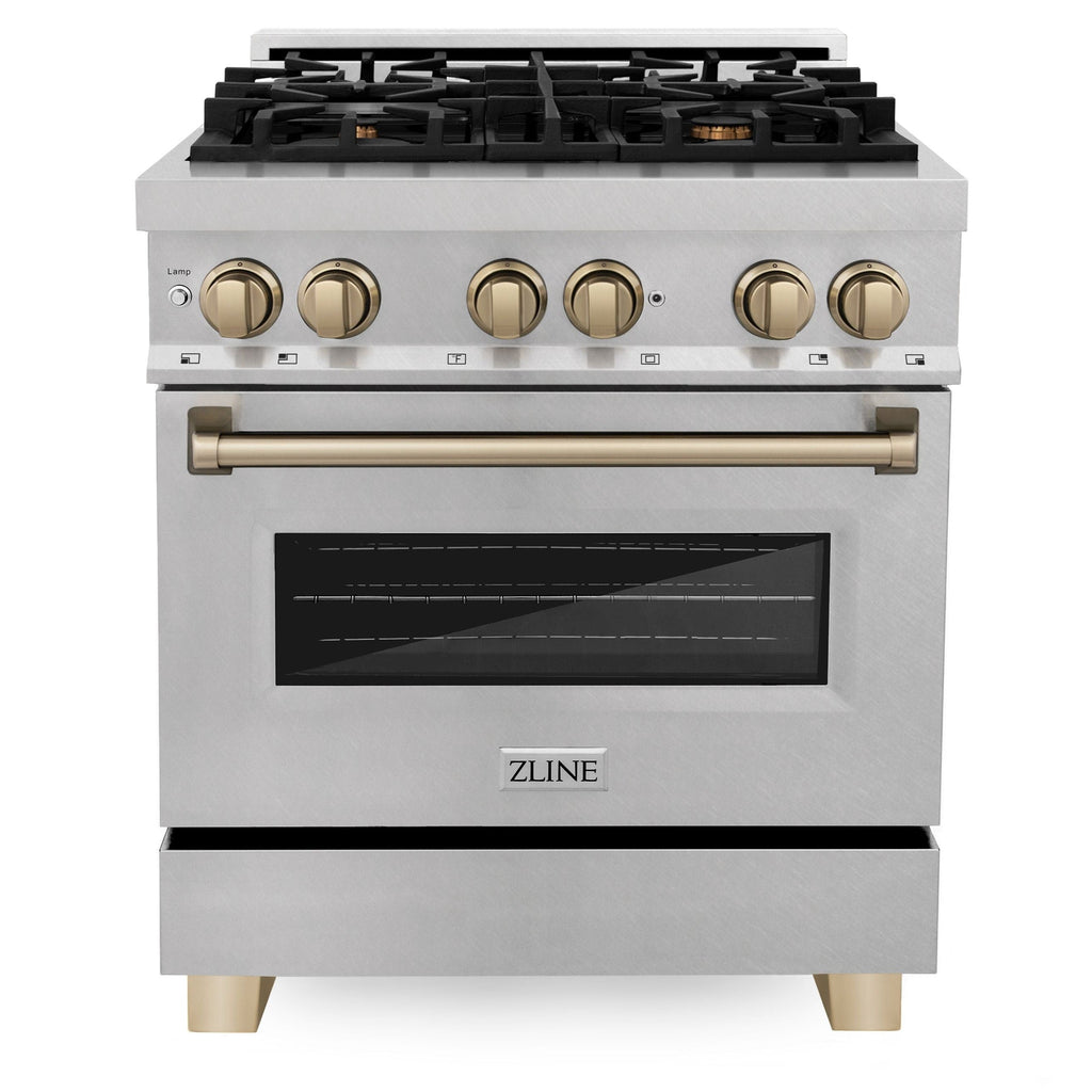 ZLINE Autograph 30 in. 4.0 cu. ft. Legacy Dual Fuel Range with 4 Burner Gas Cooktop and Electric Convection Oven in Satin Stainless Steel with Champagne Bronze Accents (RASZ-SN-30-CB)